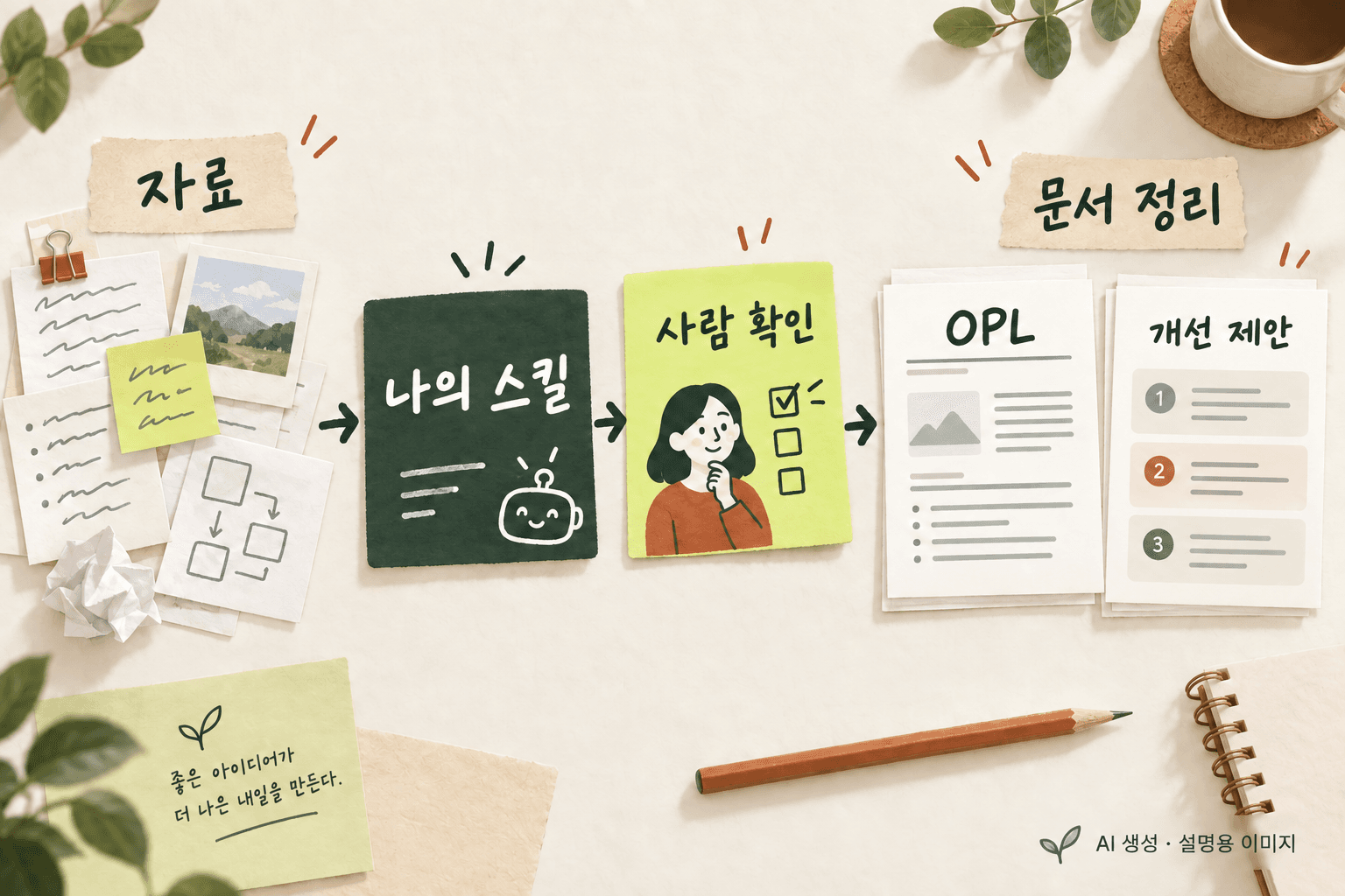흩어진 자료가 명령과 사람 확인을 거쳐 OPL·개선 제안 문서로 정리되는 모습을 그린 AI 생성 설명 이미지